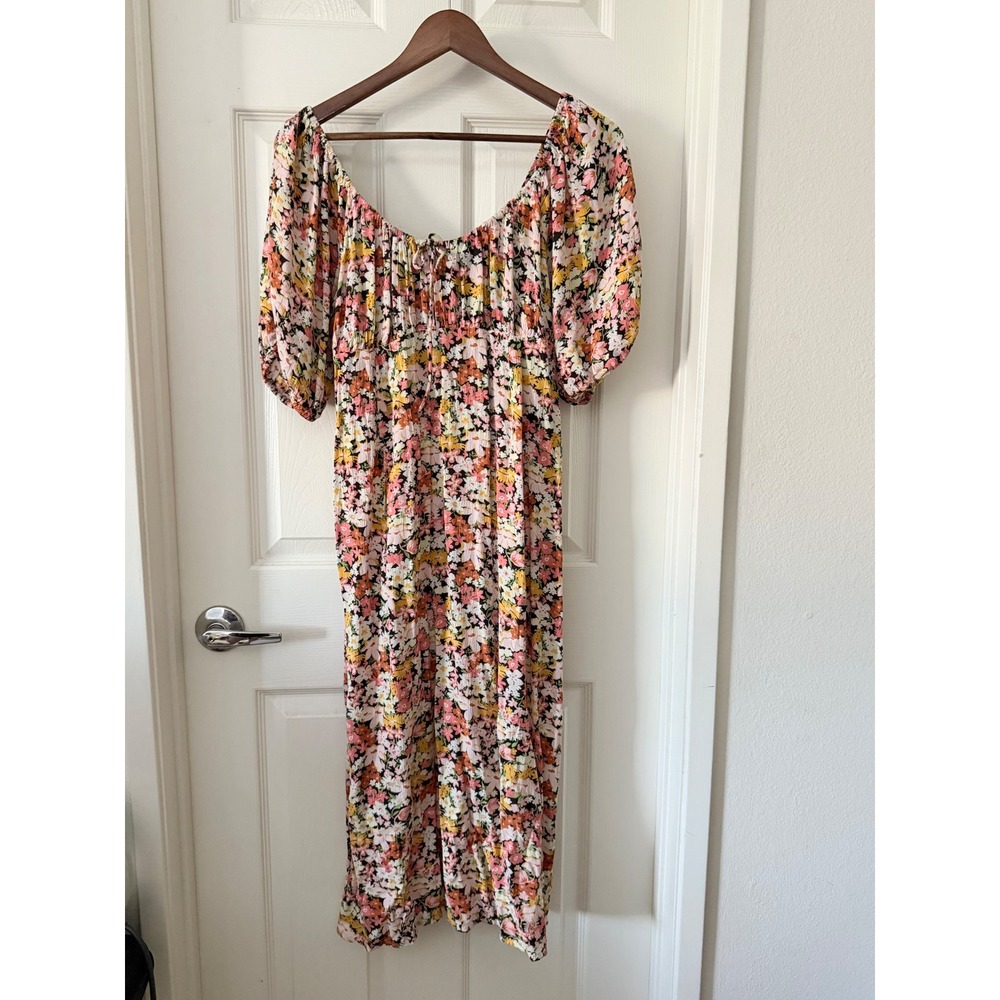 Billabong Floral Smocked Midi Dress Puff Sleeve Pink Yellow XL